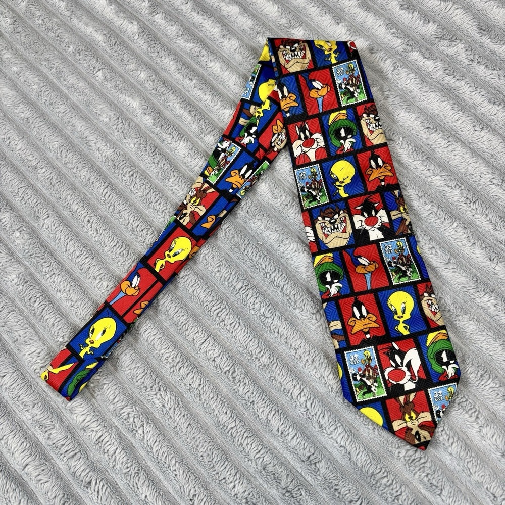 Looney‎ Tunes Tie Porky Pepe Sam Tweety Bugs Stamp Collection retro polyester